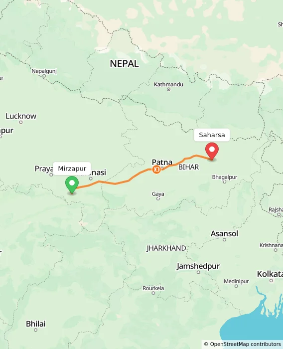 Route map showing distance and travel time from Mirzapur, India to Saharsa, India