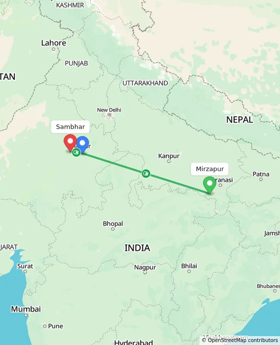 Route map showing distance and travel time from Mirzapur, India to Sambhar, India