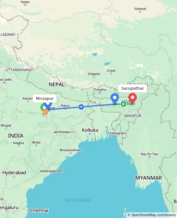 Route map showing distance and travel time from Mirzapur, India to Sarupathar, India