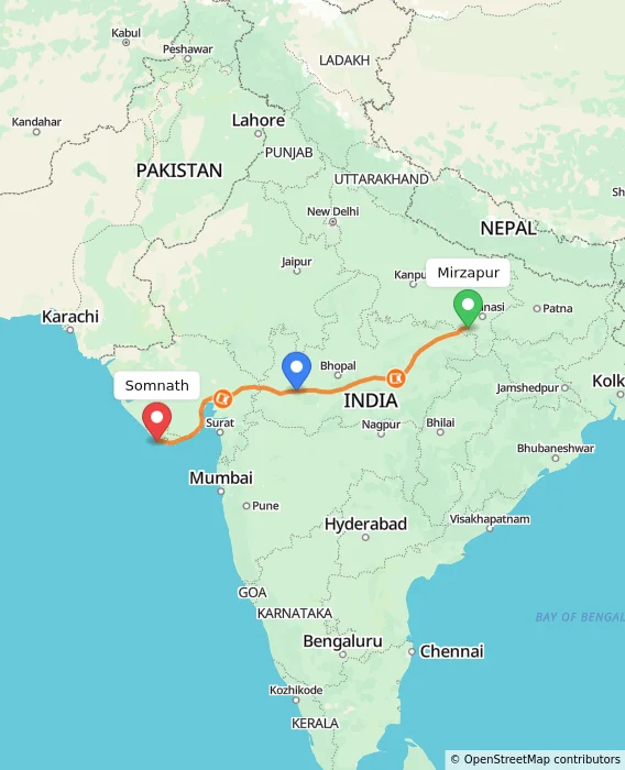 Route map showing distance and travel time from Mirzapur, India to Somnath, India