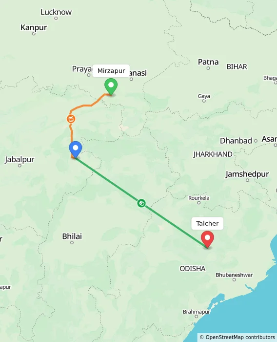 Route map showing distance and travel time from Mirzapur, India to Talcher, India