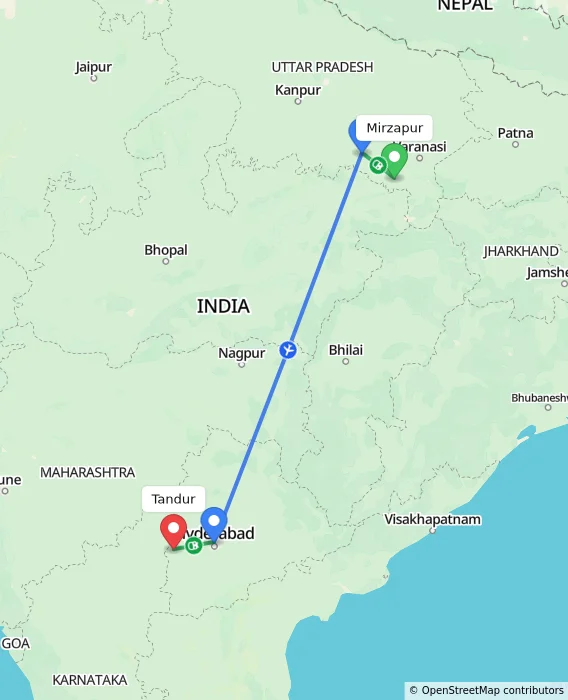 Route map showing distance and travel time from Mirzapur, India to Tandur, India