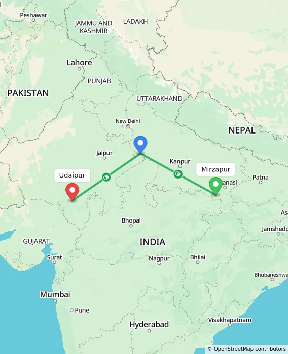Route map showing distance and travel time from Mirzapur, India to Udaipur, India