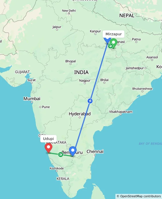 Route map showing distance and travel time from Mirzapur, India to Udupi, India