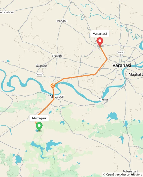 Route map showing distance and travel time from Mirzapur, India to Varanasi, India