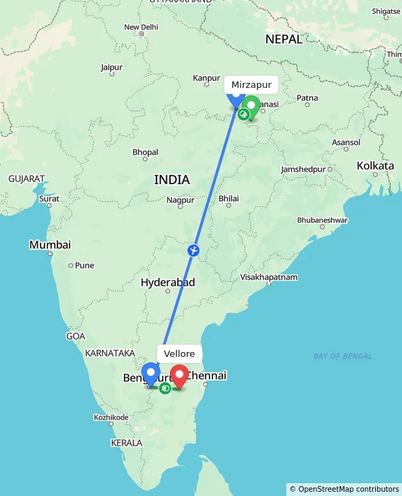 Route map showing distance and travel time from Mirzapur, India to Vellore, India
