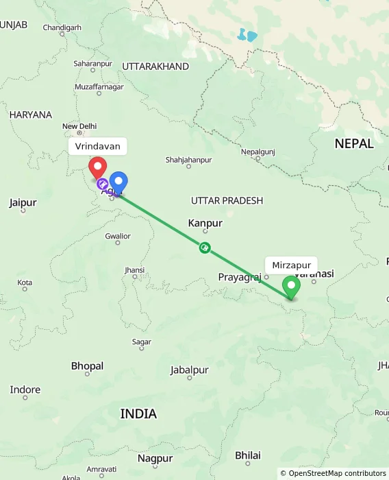 Route map showing distance and travel time from Mirzapur, India to Vrindavan, India