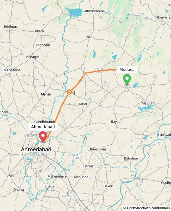 Route map showing distance and travel time from Modasa, India to Ahmedabad, India