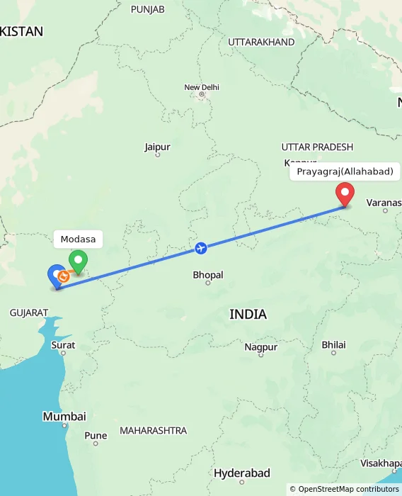 Route map showing distance and travel time from Modasa, India to Allahabad, India