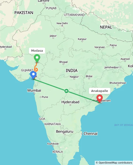 Route map showing distance and travel time from Modasa, India to Anakapalle, India