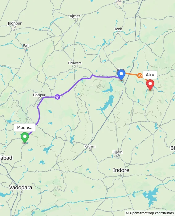Route map showing distance and travel time from Modasa, India to Atru, India
