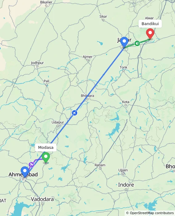 Route map showing distance and travel time from Modasa, India to Bandikui, India