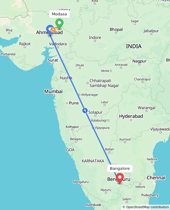 Route map showing distance and travel time from Modasa, India to Bangalore, India