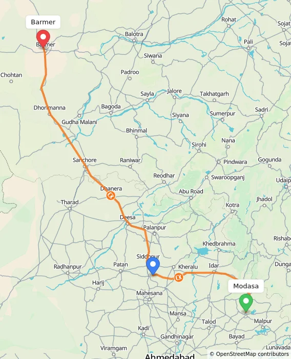 Route map showing distance and travel time from Modasa, India to Barmer, India