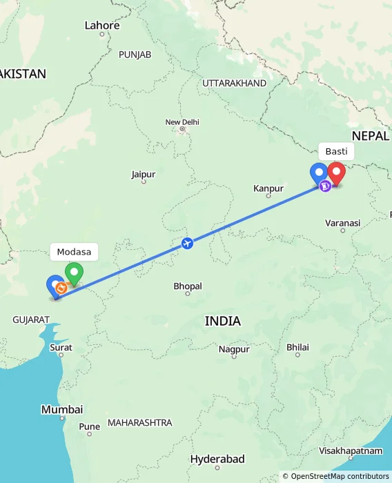 Route map showing distance and travel time from Modasa, India to Basti, India
