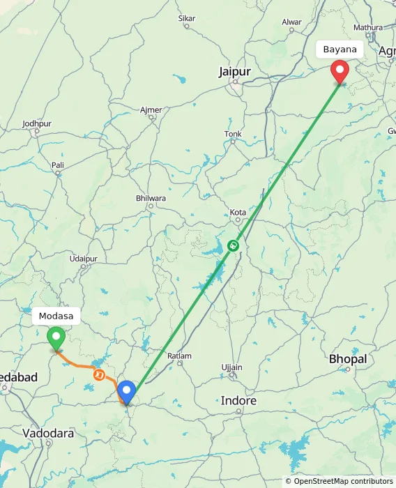 Route map showing distance and travel time from Modasa, India to Bayana, India