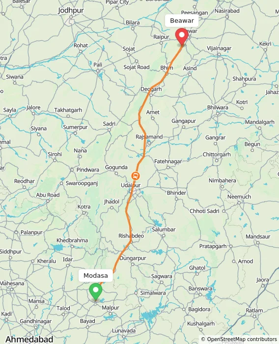 Route map showing distance and travel time from Modasa, India to Beawar, India