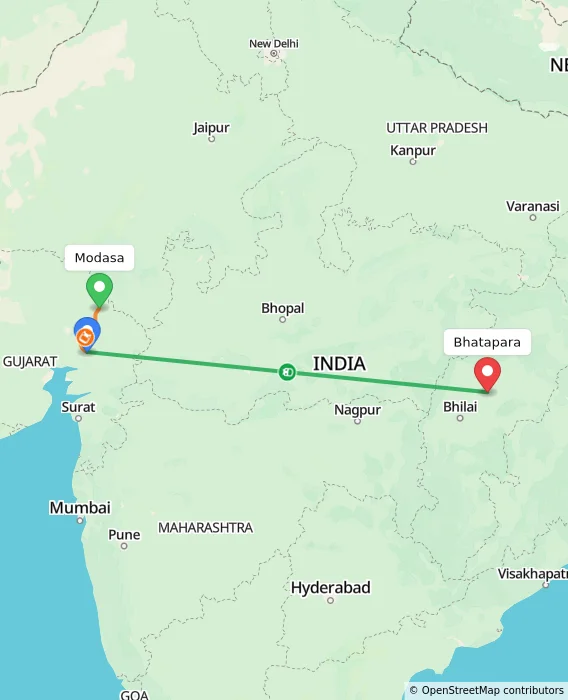 Route map showing distance and travel time from Modasa, India to Bhatapara, India