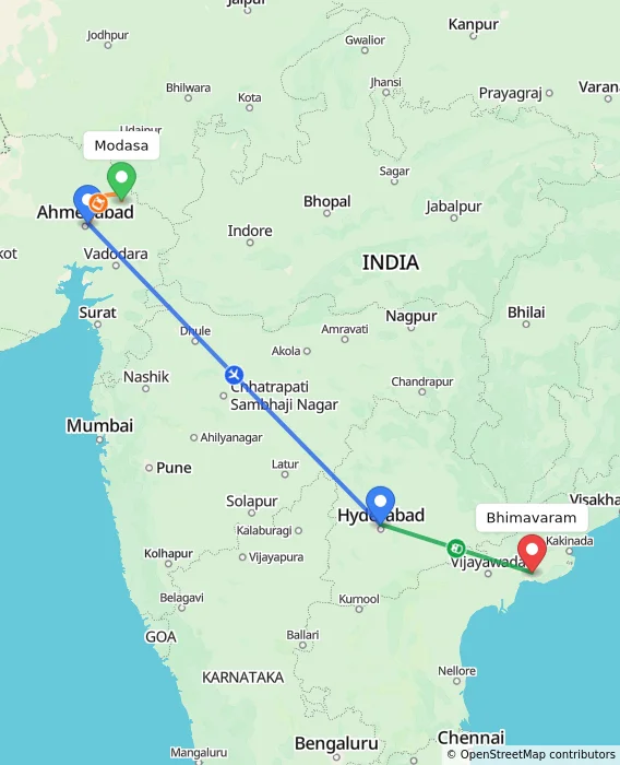 Route map showing distance and travel time from Modasa, India to Bhimavaram, India