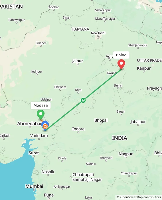 Route map showing distance and travel time from Modasa, India to Bhind, India