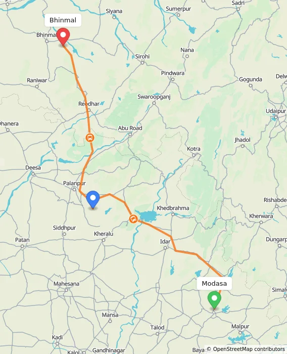 Route map showing distance and travel time from Modasa, India to Bhinmal, India
