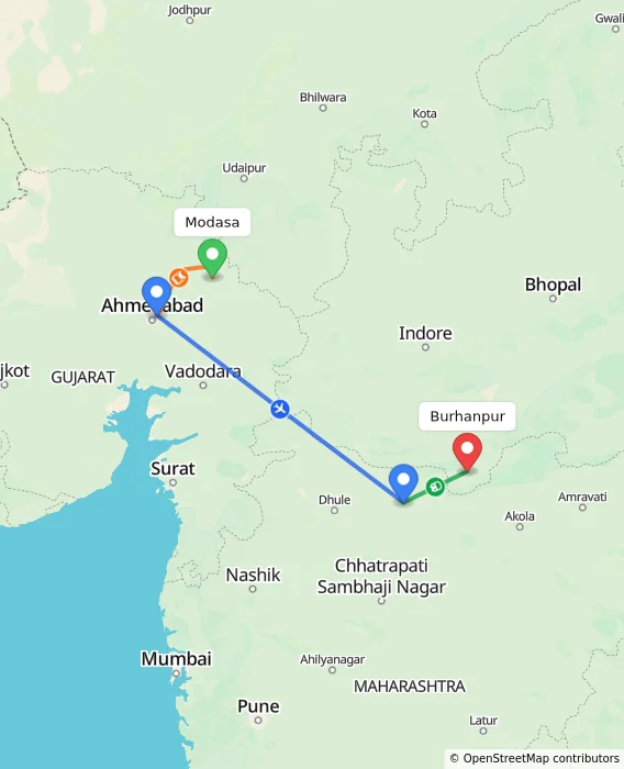 Route map showing distance and travel time from Modasa, India to Burhanpur, India