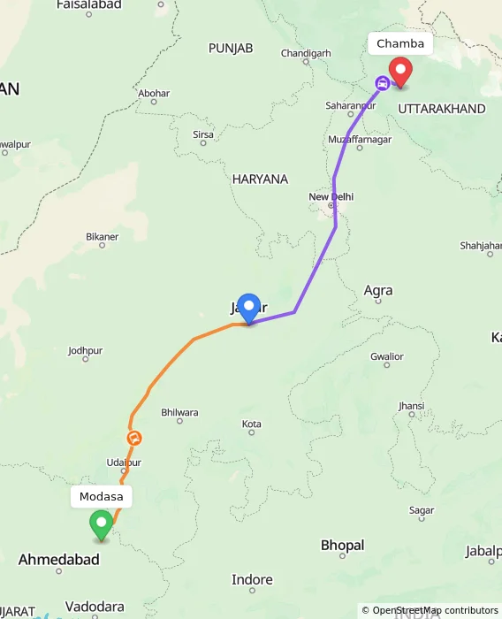 Route map showing distance and travel time from Modasa, India to Chamba, India