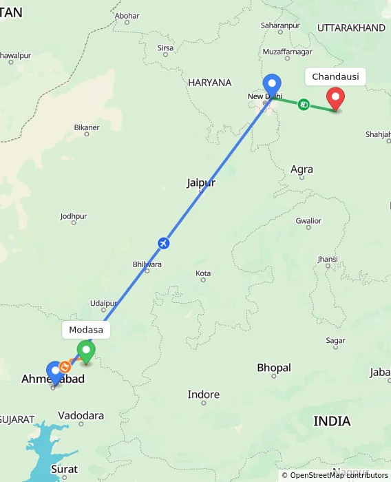 Route map showing distance and travel time from Modasa, India to Chandausi, India