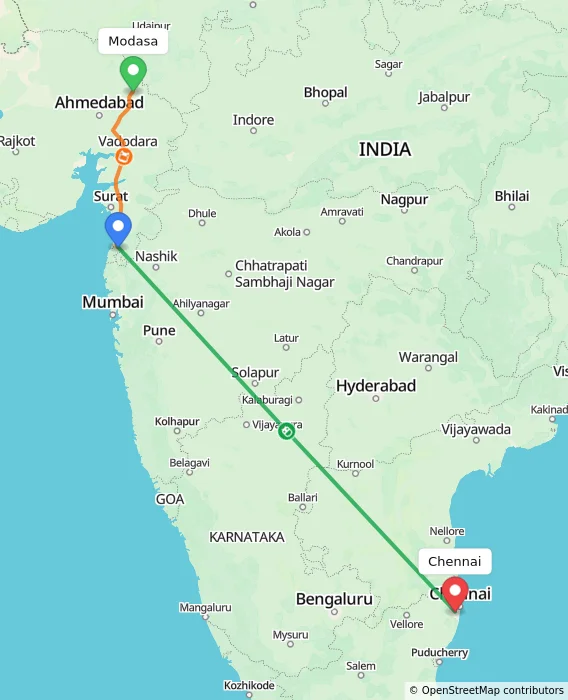Route map showing distance and travel time from Modasa, India to Chennai, India