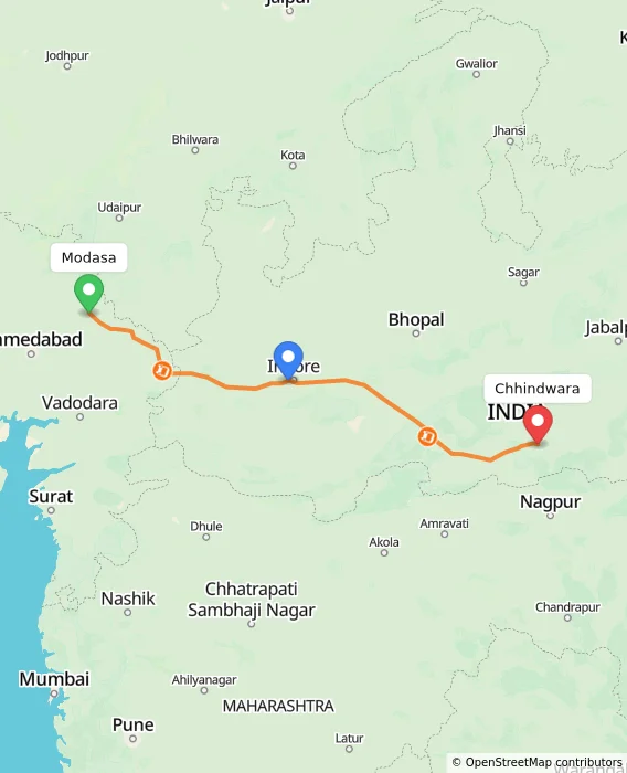 Route map showing distance and travel time from Modasa, India to Chhindwara, India