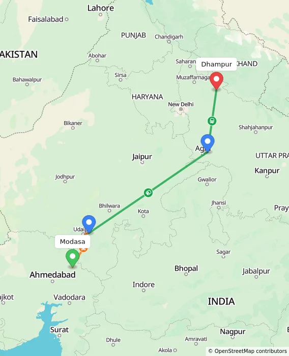 Route map showing distance and travel time from Modasa, India to Dhampur, India