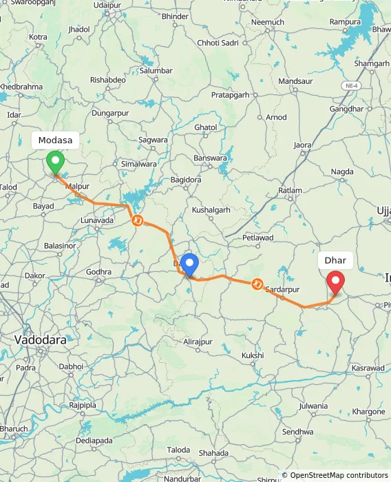 Route map showing distance and travel time from Modasa, India to Dhar, India