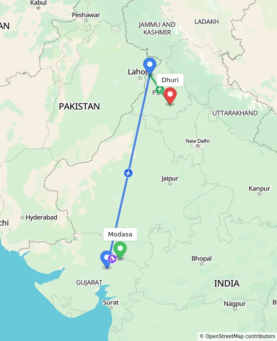 Route map showing distance and travel time from Modasa, India to Dhuri, India