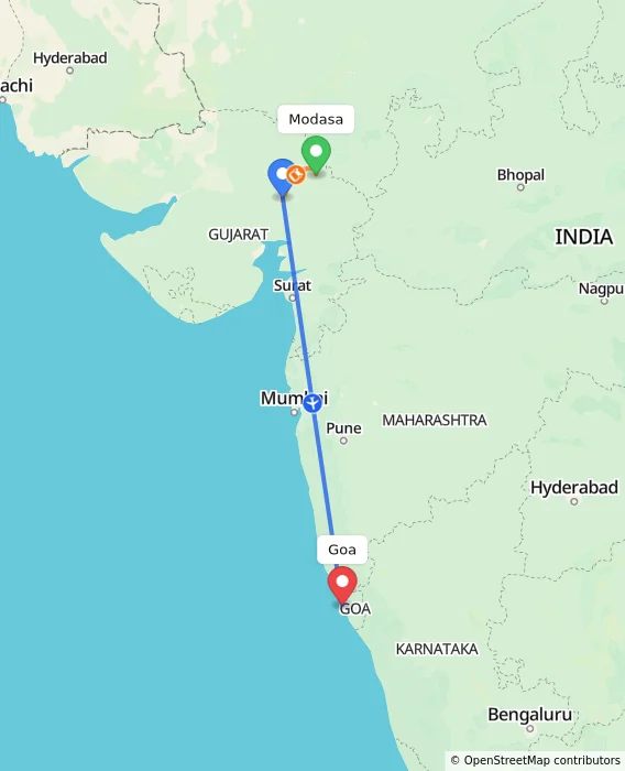 Route map showing distance and travel time from Modasa, India to Goa, India