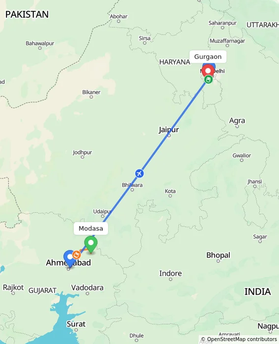 Route map showing distance and travel time from Modasa, India to Gurgaon, India