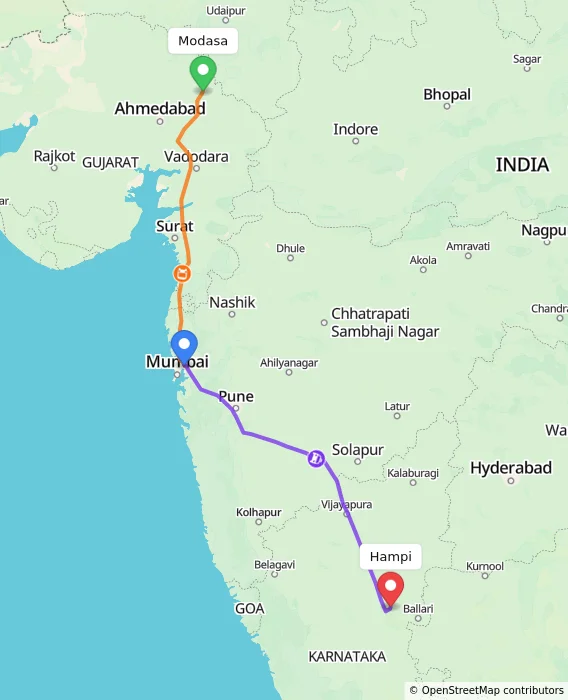 Route map showing distance and travel time from Modasa, India to Hampi, India