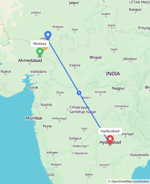 Route map showing distance and travel time from Modasa, India to Hyderabad, India