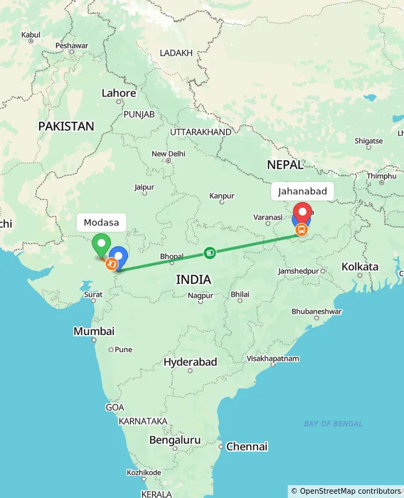 Route map showing distance and travel time from Modasa, India to Jahanabad, India