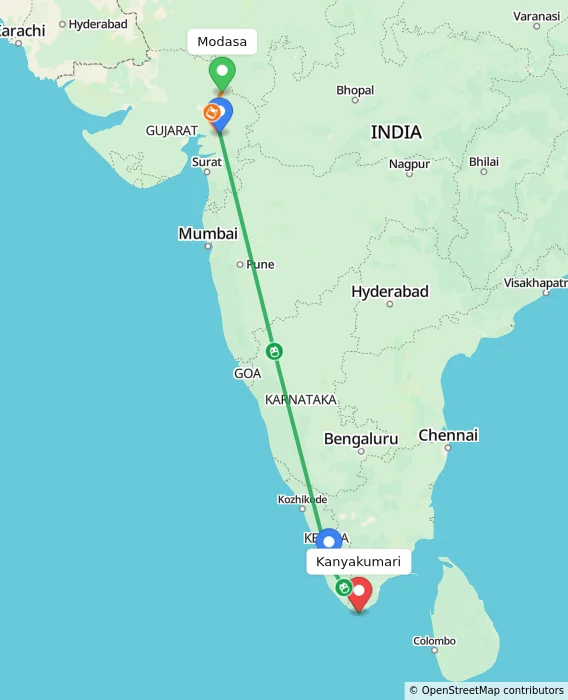 Route map showing distance and travel time from Modasa, India to Kanyakumari, India