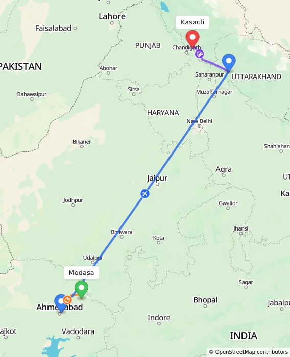 Route map showing distance and travel time from Modasa, India to Kasauli, India