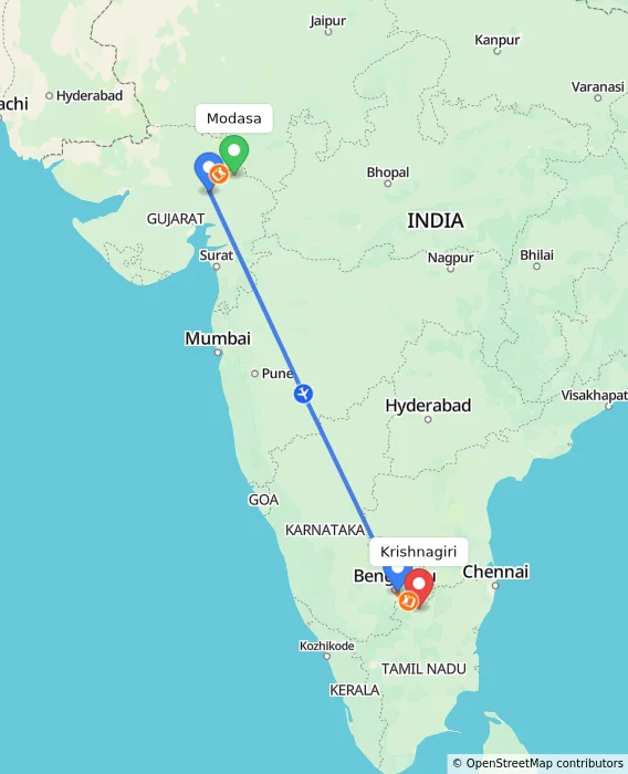 Route map showing distance and travel time from Modasa, India to Krishnagiri, India