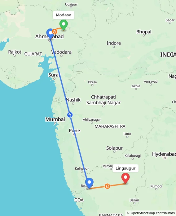 Route map showing distance and travel time from Modasa, India to Lingsugur, India