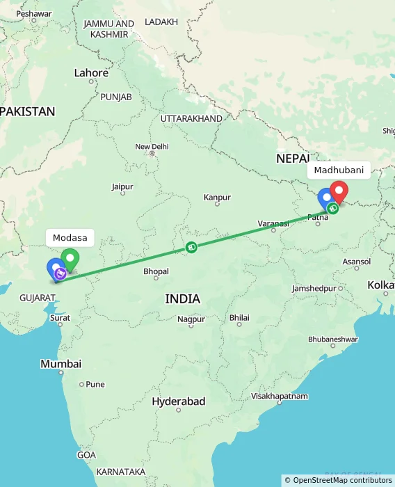 Route map showing distance and travel time from Modasa, India to Madhubani, India
