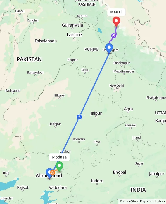 Route map showing distance and travel time from Modasa, India to Manali, India