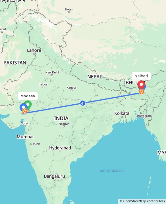 Route map showing distance and travel time from Modasa, India to Nalbari, India