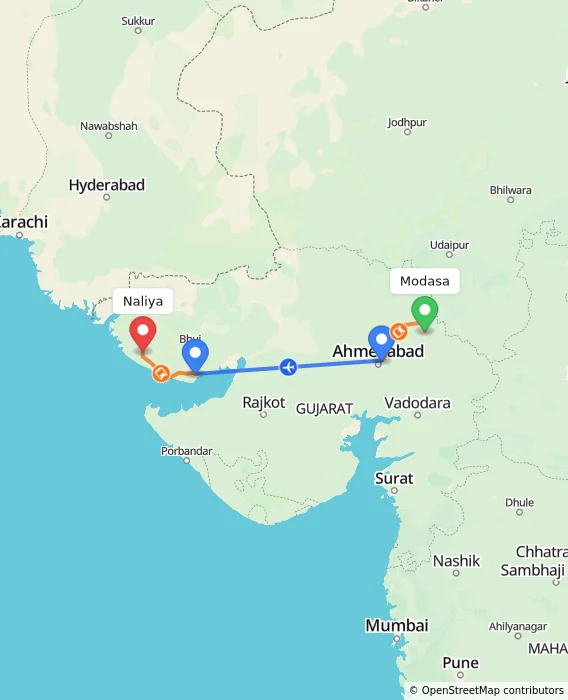Route map showing distance and travel time from Modasa, India to Naliya, India