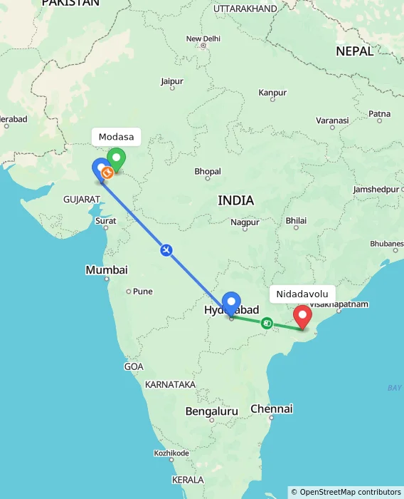 Route map showing distance and travel time from Modasa, India to Nidadavolu, India