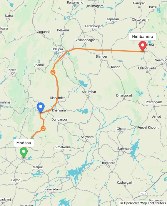 Route map showing distance and travel time from Modasa, India to Nimbahera, India