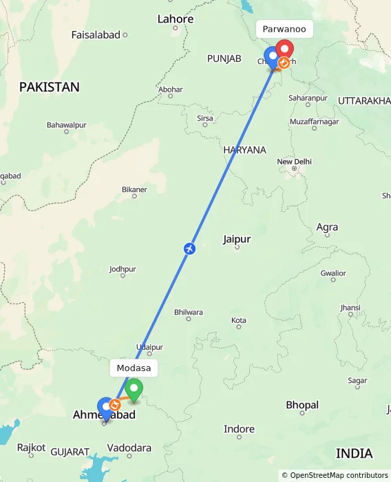 Route map showing distance and travel time from Modasa, India to Parwanoo, India