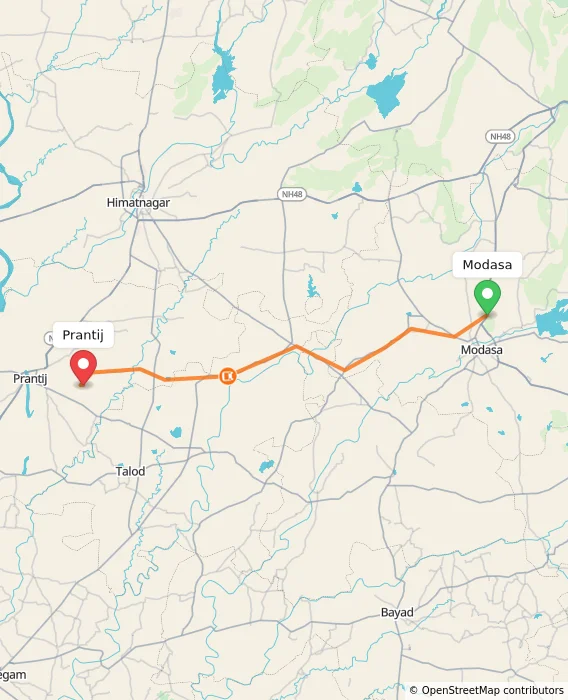 Route map showing distance and travel time from Modasa, India to Prantij, India
